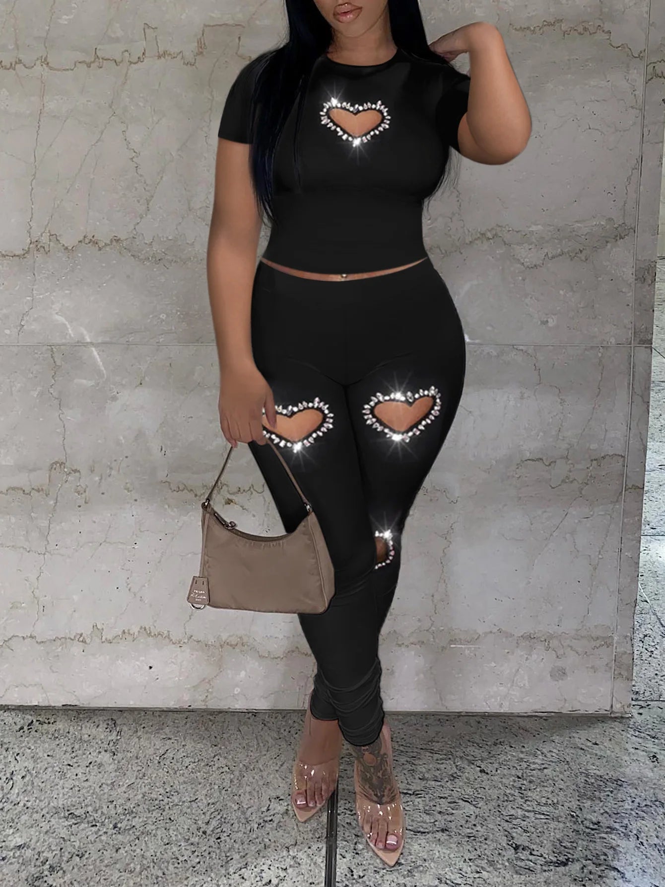 LW Crop Top Rhinestone Heart Decor Pant Set Women Spring Summer Short Sleeve T-shirt & Skinny Leggings Suit Two Pieces Outfit