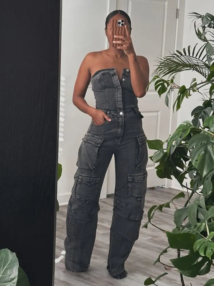 TWOTWINSTYLE Slimming Streetwear Denim Jumpsuits For Women Strapless Sleeveless High Waist Patchwork Pockets Jumpsuit Female New