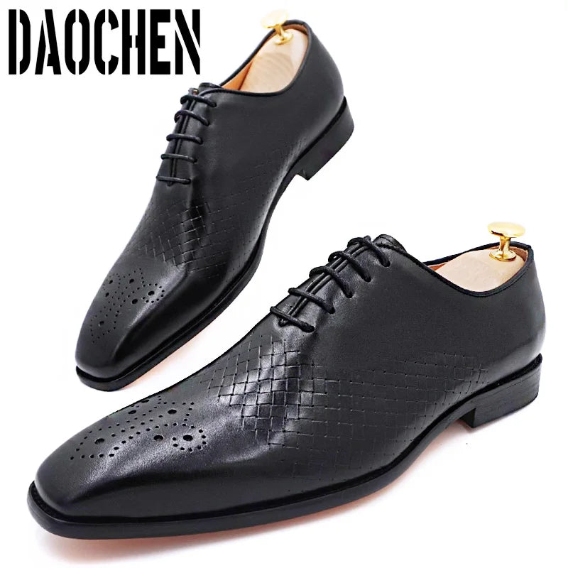 Italian Brand Men's Dress Shoes Lace Up Black Brown Weave Genuine Leather Mens Shoes Wedding Office Oxford Shoes For Men