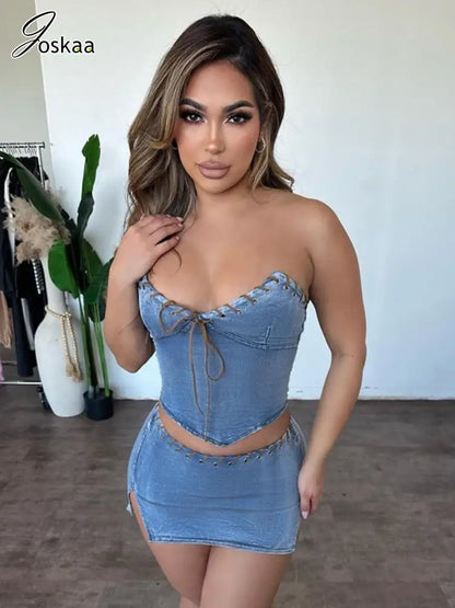 Joskaa Fashion Denim 2 Piece Set Women Hipster Sexy V-Neck Wrap Chest Tube Top and Mini Skirt Matching 2024 Summer Streetwear