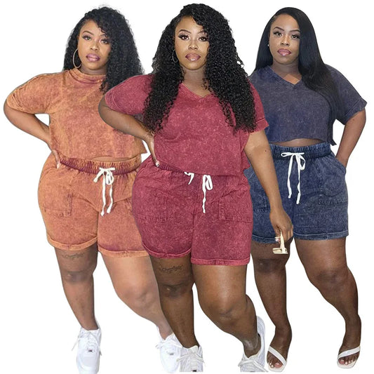 Summer Printing High Stretchy Shorts Women Two Pieces Set  Short Sleeves Round Neck T Shirt Plus Size Tracksuit