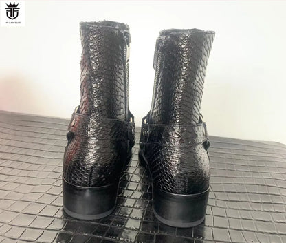 Fashion Men Snakeskin Print Leather Boots Point Toe Booties Mujer Botas Zip Wedding Dress Shoes Party Male Side Buckle