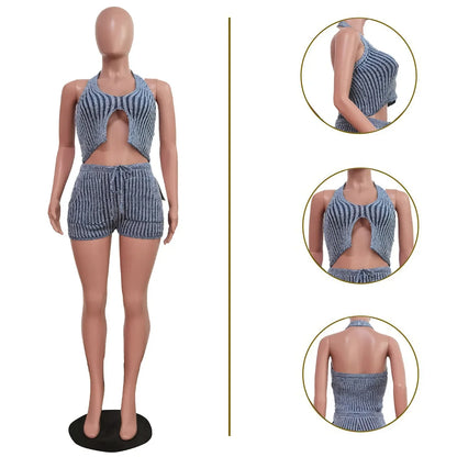 Y2K Streetwear Crop Tops Crochet Summer 2 Piece Pant Set Outfits Women Sexy Club Elegant Knitted Two Piece Set Shorts Pant