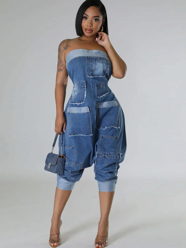 Kricesseen Runway Denim Patchwork Bandeau Jumpsuits One Piece Outfits Women's Bomb Jeans Harem Jumper Night Clubwear Outfits