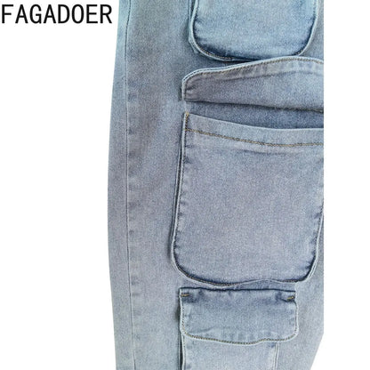 FAGADOER Vintage Fashion Denim Pocket Cargo Pants Women High Waisted Button Straight Jean Trousers Casual Female Cowboy Bottoms