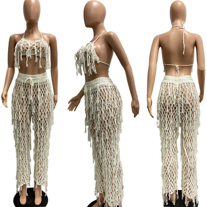 Crochet Knitted 2 Piece Set Outfits Sexy Luxury 2023 Women Summer Beach Vacation Clothes Elegant Crop Bikini Tops Two Piece Sets