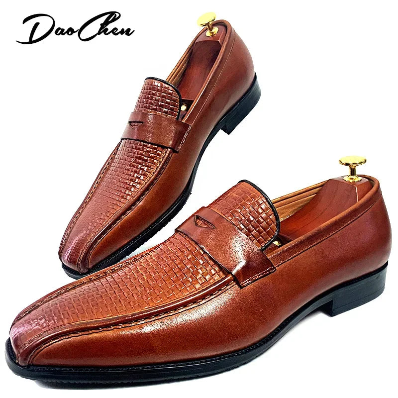 Luxury Brand Men's Leather Shoes Black Brown Prints Pointed Toe Casual Mens Dress Shoes Wedding Office Penny Loafers Men