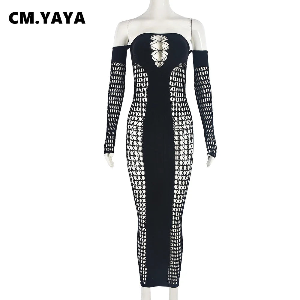 CM.YAYA Summer Full Sleeve Long Dress Mesh Hollow Out 2024 Strapless Evening Vestidos Sexy Party Club Maxi Dresses Vestidos