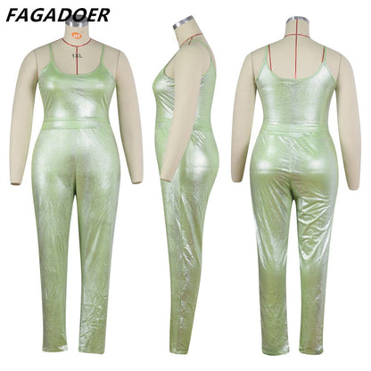 FAGADOER Green XL-5XL Plus Size Two Piece Sets Women Strap Sleeveless Crop Top And Skinny Pants Sexy Fashion Club Party Clothing