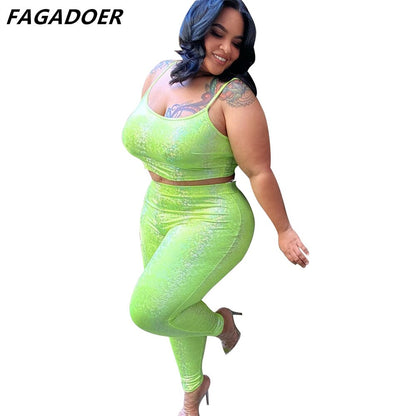 FAGADOER Green XL-5XL Plus Size Two Piece Sets Women Strap Sleeveless Crop Top And Skinny Pants Sexy Fashion Club Party Clothing