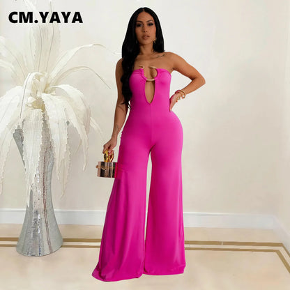 CM.YAYA Women Wide Leg Deep V-Neck Sleeveless Jumpsuits 2024 Summer Hollow Out Night Street Club Playsuit One Piece Suit Romper