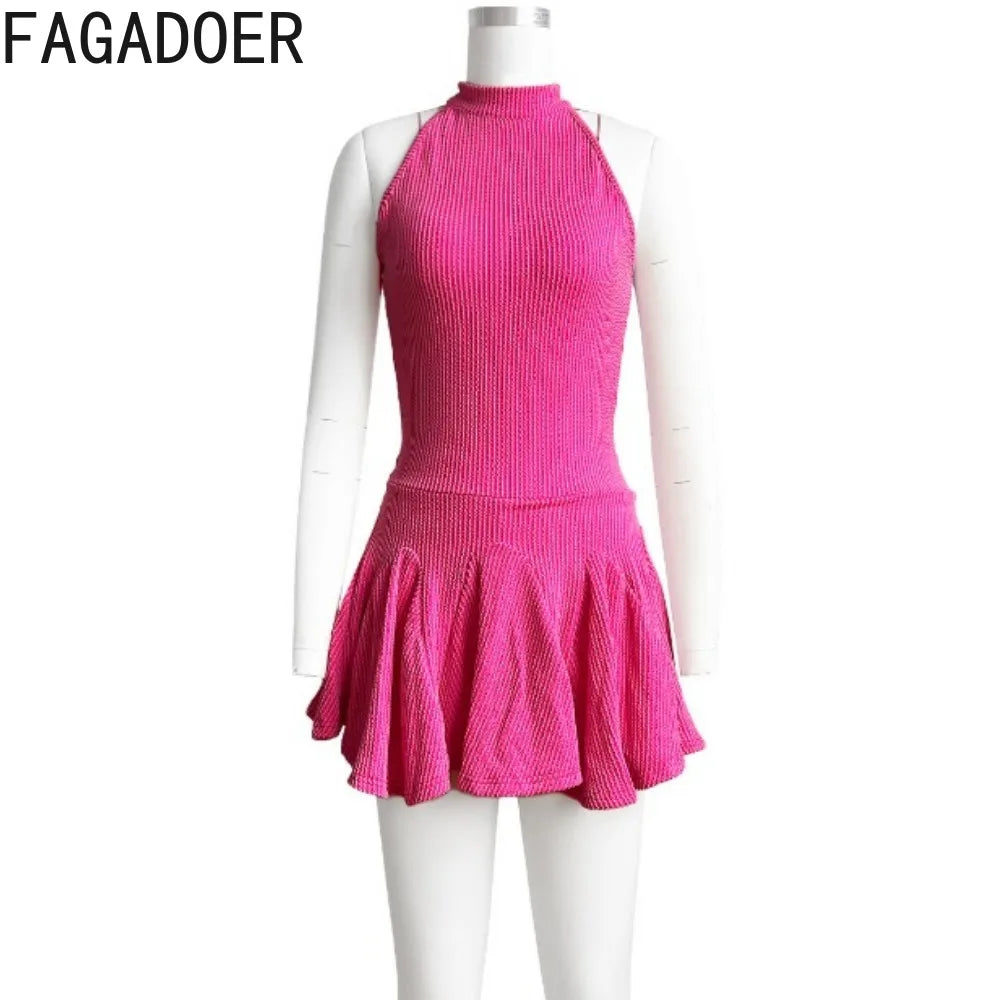 FAGADOER Spring New Solid Color Ribber Pleated Mini Dresses Women Sleeveless Elasticity Slim Vestidos Fashion Female Streetwear