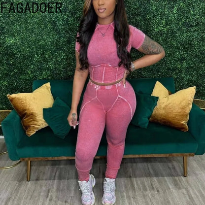 FAGADOER Casual High Quality Ribber Sporty Two Piece Sets Women Round Neck Short Sleeve Crop Top And Legging Pants Tracksuits