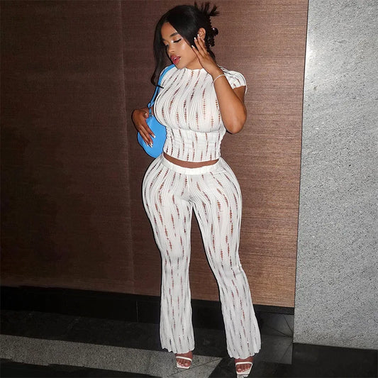 Fitness Solid White Hollow Out 2 Piece Set Women Tracksuits O-neck Short Sleeve Crop Tops High Waist Flare Pants Streetwear Suit