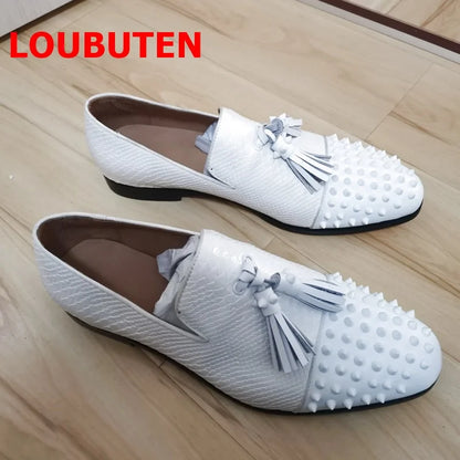 LOUBUTEN Snakeskin Pattern White Loafers With Rivets Genuine Leather Men Tassel Shoes Party Wedding Dress Shoes Red Bottoms