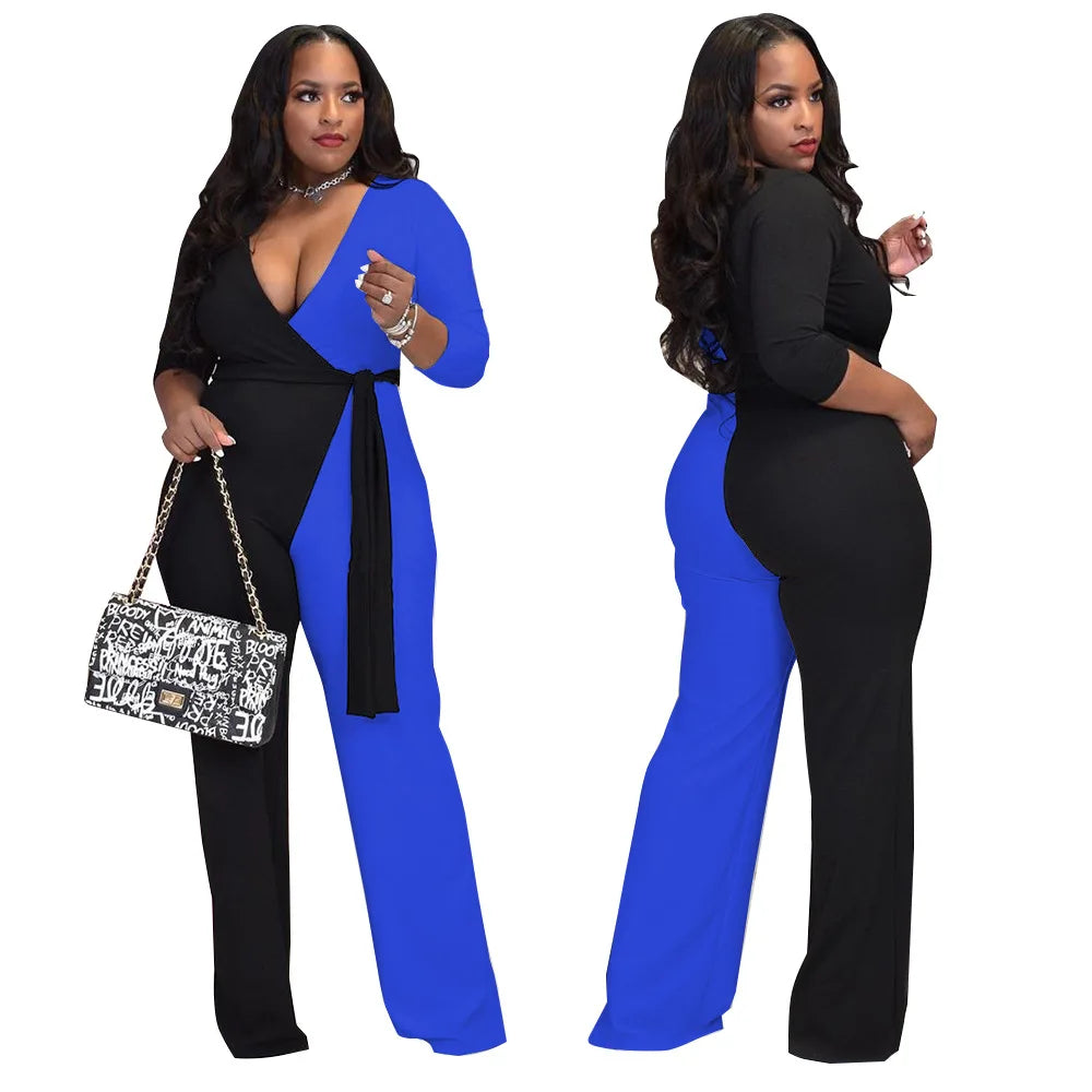 WSFEC XL-5XL 2023 Long Sleeve Plus Size Jumpsuit Women Fall Clothehs Sexy One Piece Outfit With Sashes Wholesale Dropshipping