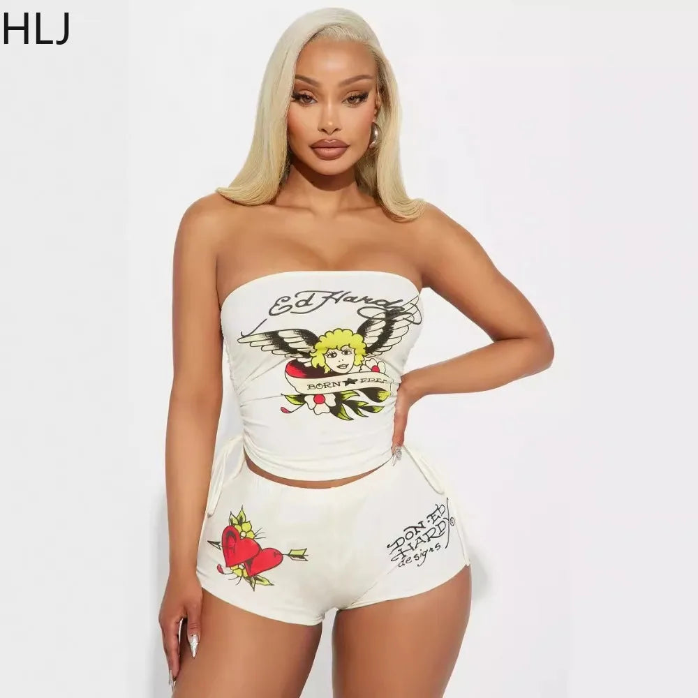 HLJ Fashion Y2K Graffiti Print Tube Two Piece Sets Women Off Shoulder Sleeveless Backless Crop Top And Shorts Outfits Streetwear