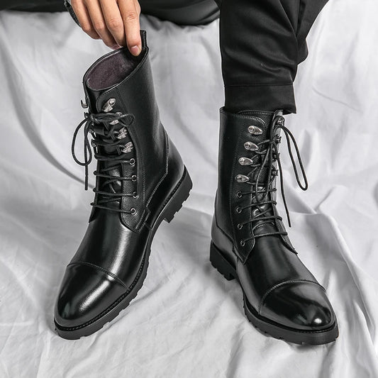 Men Lace Up High-top Boots Fashionable Outdoor Black Combat Boots