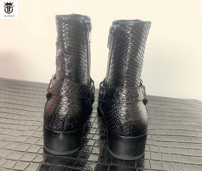 Fashion Men Snakeskin Print Leather Boots Point Toe Booties Mujer Botas Zip Wedding Dress Shoes Party Male Side Buckle