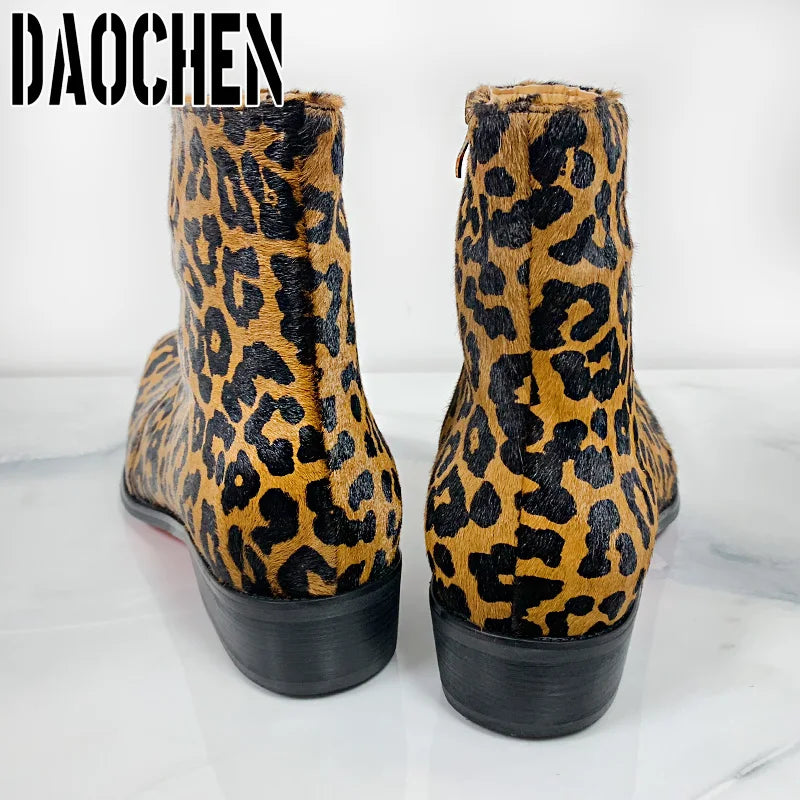 Luxury Men Chelsea Boots Mid-Calf Boots High Grade Leopard Prints Horse Hair Zipper Casual Dress Boots Leather Shoes Men