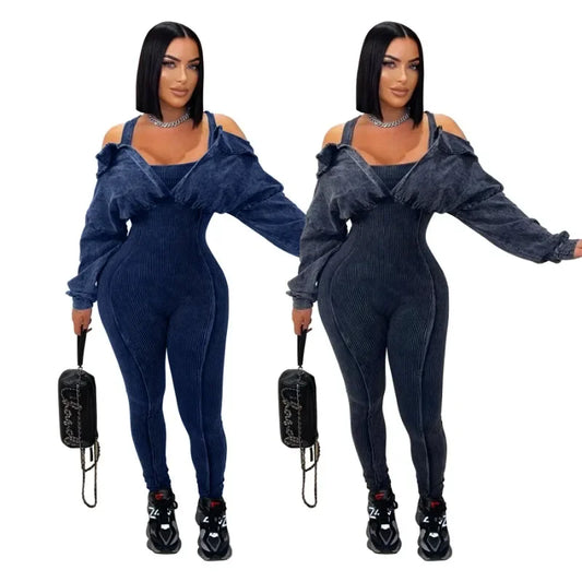 Women Knit Ribbed Skinny Jumpsuits Off Shoulder Full Sleeve Fake 2 Piece Empire Stretch Slim One Piece Overals Casual Rompers