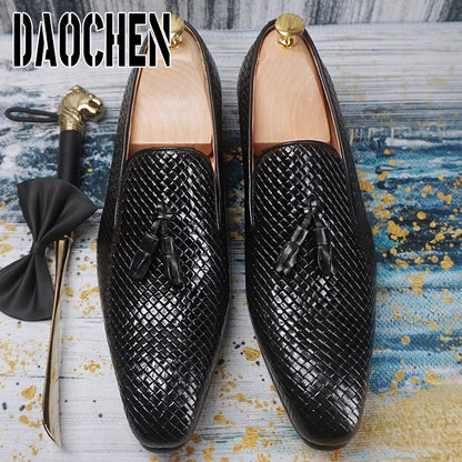 Elegant Men's Loafers Shoes Slip On Casual Dress Pointed Toe Shoes Black Office Business Wedding Real Leather For Shoes