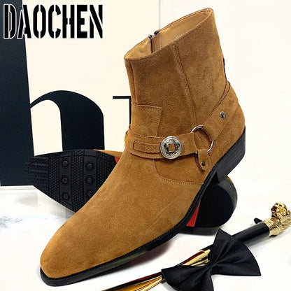 Luxury Men Ankle Boots Shoes High Zipper Chelsea Boots Slip On Leather Shoes Casual Men Dress Shoes Suede Men's Boots