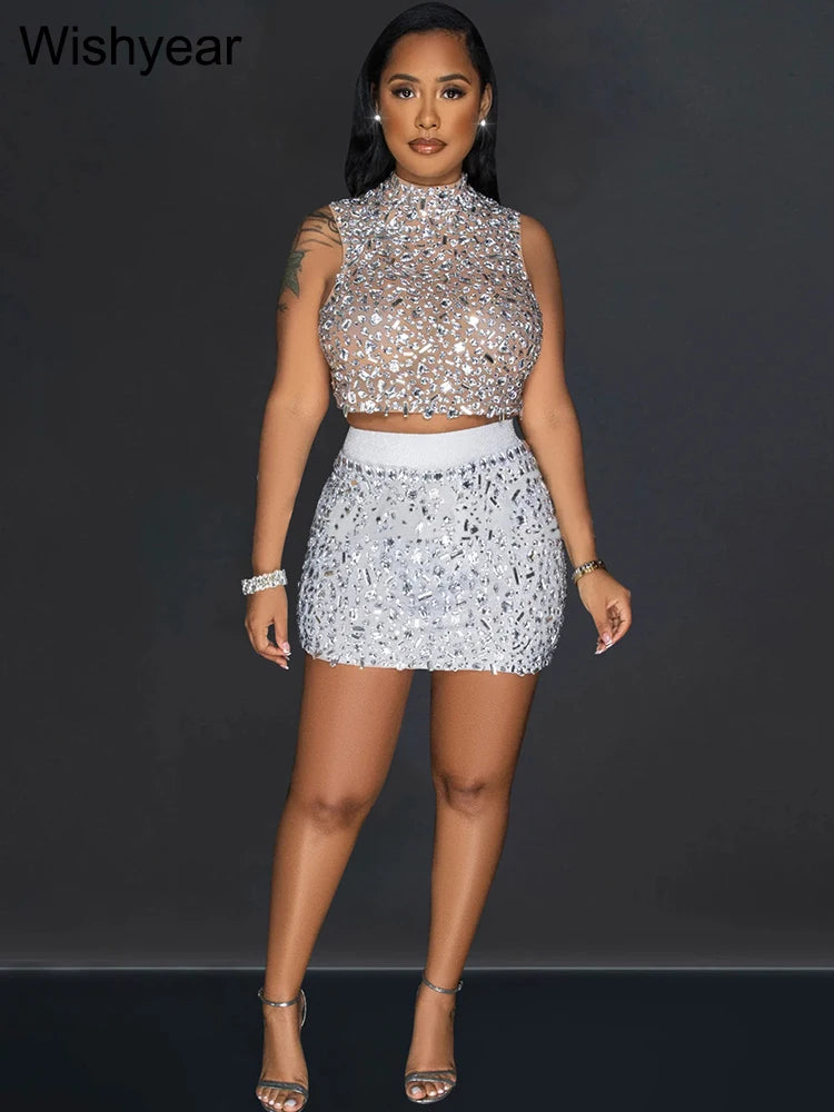 Wishyear Luxury Birthday Rhinestones Backless Sleeveless Crop Top and Skirts Two 2 Piece Sets Women‘s Sexy Night Club Outfits