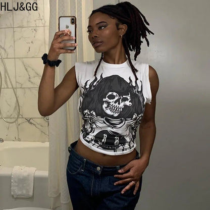 HLJ&GG Fashion Y2K Trend Streetwear Women Pattern Print Round Neck Sleeveless Slim Tops Summer New Female Matching Tshirts 2024