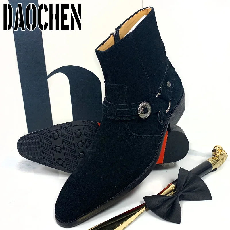 Luxury Men Ankle Boots Shoes High Zipper Chelsea Boots Slip On Leather Shoes Casual Men Dress Shoes Suede Men's Boots