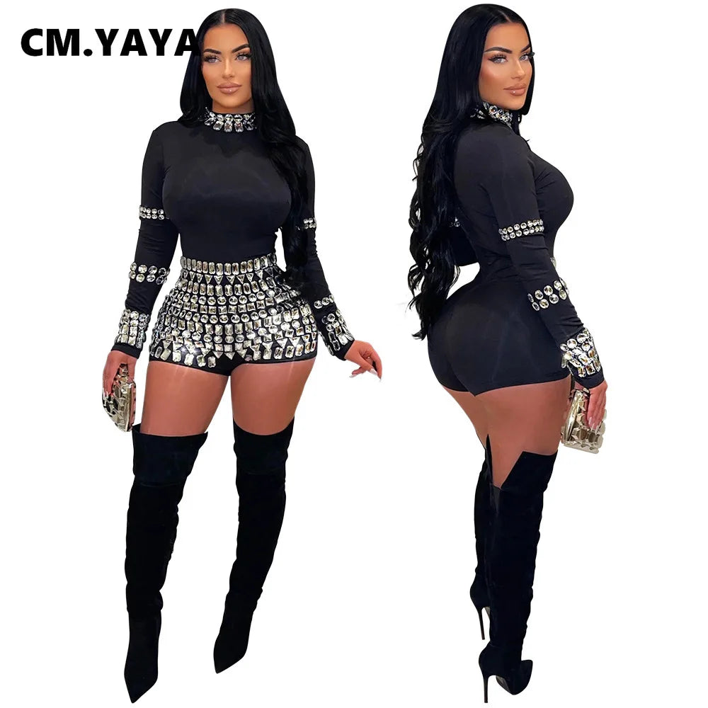 CM.YAYA Women Diamonds Hot Rhinestones Long Sleeve Short Jumpsuits 2024 Summer Sexy Party Club One Piece Suit Rompers Playsuits