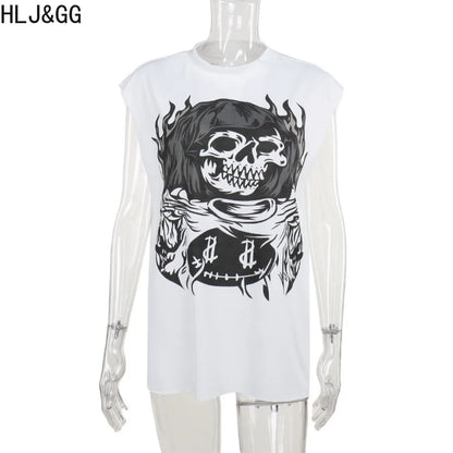HLJ&GG Fashion Y2K Trend Streetwear Women Pattern Print Round Neck Sleeveless Slim Tops Summer New Female Matching Tshirts 2024