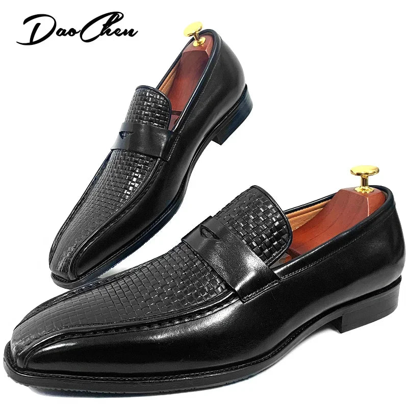 Luxury Brand Men's Leather Shoes Black Brown Prints Pointed Toe Casual Mens Dress Shoes Wedding Office Penny Loafers Men