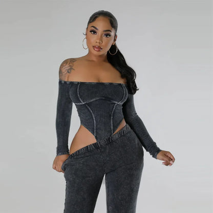 Women Sexy One Piece Off Shoulder Slash Neck Long Sleeve Expose Waist Tight Jumpsuit 2023 Summer Sexy Club Party Outfits