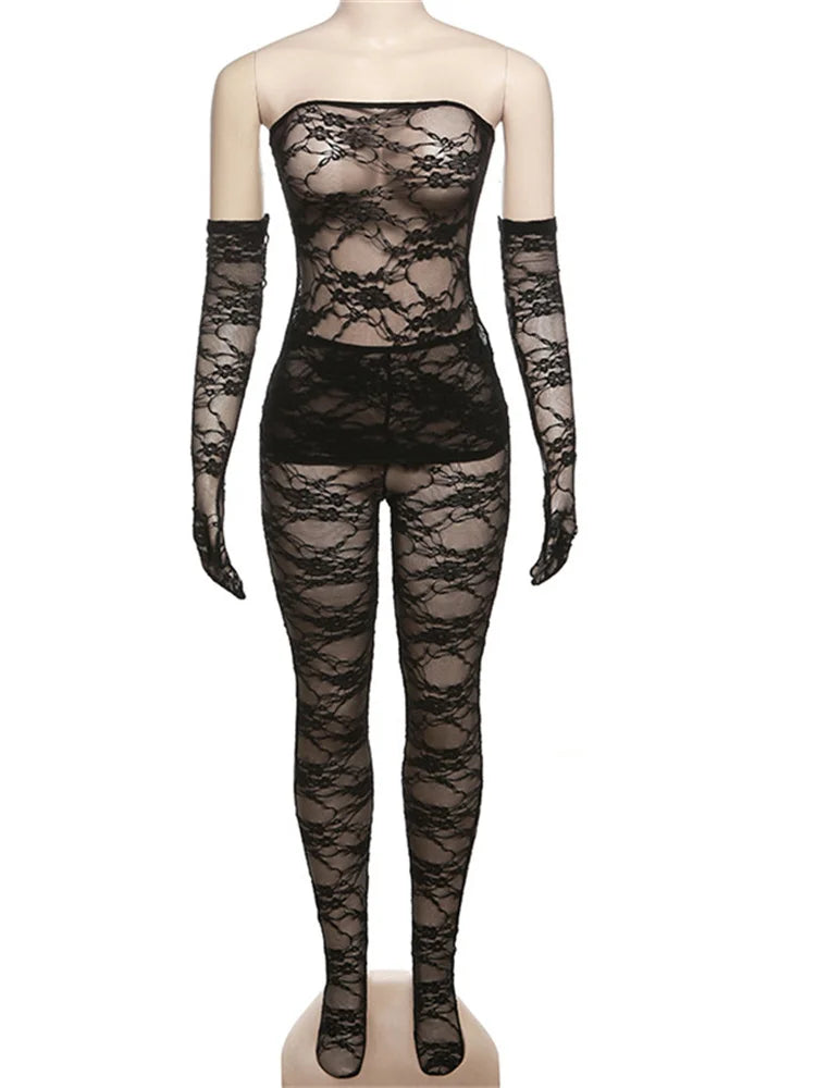 Sheer Lace Women 3 Piece Sets Solid Strapless See Through Tupe Top Hot Skinny Pantyhose Pants Baddie Club Outfit Lingerie Suit