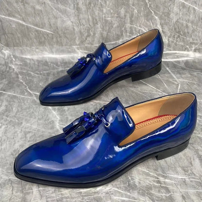 Blue Bright Leather Shoes Men Tassel Loafers Luxury Mens Patent Leather Dress Shoes Summer Designer Flats Business Casual Shoes