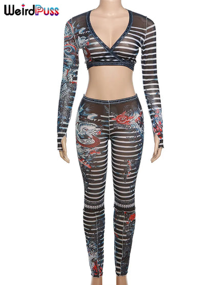 Weird Puss Sexy See Through Women 2 Piece Set Dragon Print Midnight Knot Low-Neck Crop Tops+Leggings Clubwear Matching Outfits