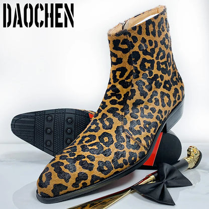 Luxury Men Chelsea Boots Mid-Calf Boots High Grade Leopard Prints Horse Hair Zipper Casual Dress Boots Leather Shoes Men