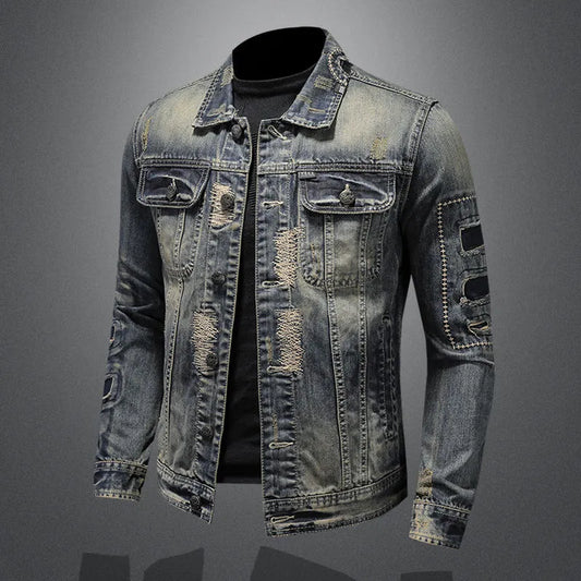 2023 Spring and Autumn New Fashion Trend Ripped Vintage Jeans Jacket Men's Casual Loose Comfortable High Quality Plus-Size Coat