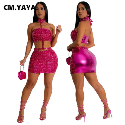 CM.YAYA Women Set Hot Rhinestones Sexy Mini Skirt Suit and Choker Crop Top Strapless Two 2 Piece Set Party Club Night Outfits