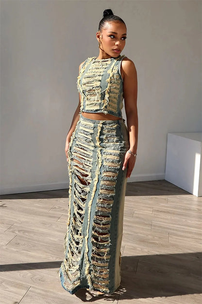 Streetwear Ripped Hole Denim Two Piece Set for Women Y2K Birthday Outfits Sleeveless Crop Top and Side Slit Long Skirt Sets Club