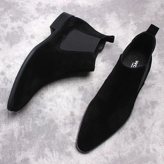 Fashion Luxury Pointy Ankle Boots Men Genuine Leather Black Brown Formal Casual Dress Boots Man Slip On Mens Suede Chelsea Boots