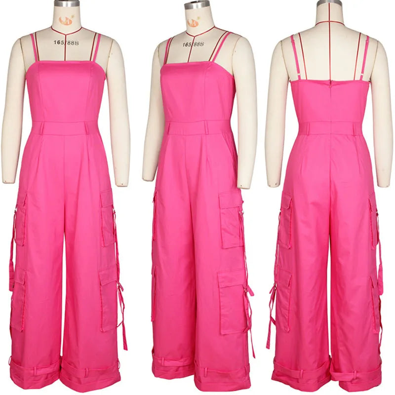 Sexy Spaghetti Strap Cargo Jumpsuit Women Summer Sleeveless Strapless Wide Leg Pants with Pockets One Pieces Romper Overall