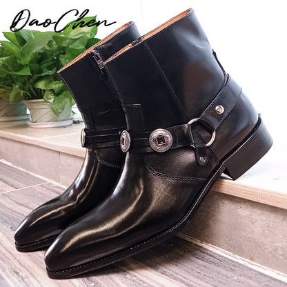 Luxury Men's Boots Zipper Mid-Calf Rock Boots Slip On Casual Dress Shoes Black Brown White Genuine Leather Boots For Men