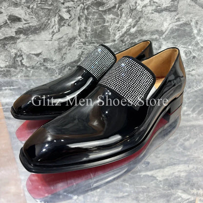 New Rhinestone Black Leather Shoes Glossy Small Square Toe Loafers Business Dress Men's Leather Shoes Formal Wedding Shoes