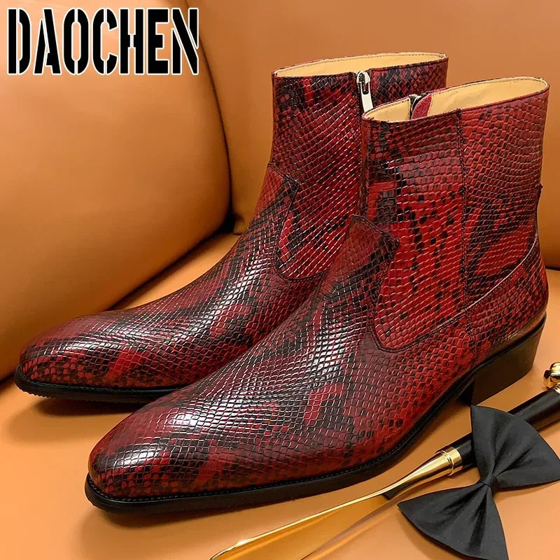 Luxury Brand Men's Boots High Zipper Mid-Calf Boots Slip On Python Casual Shoes Red White Basic Boots Leather Shoes Men