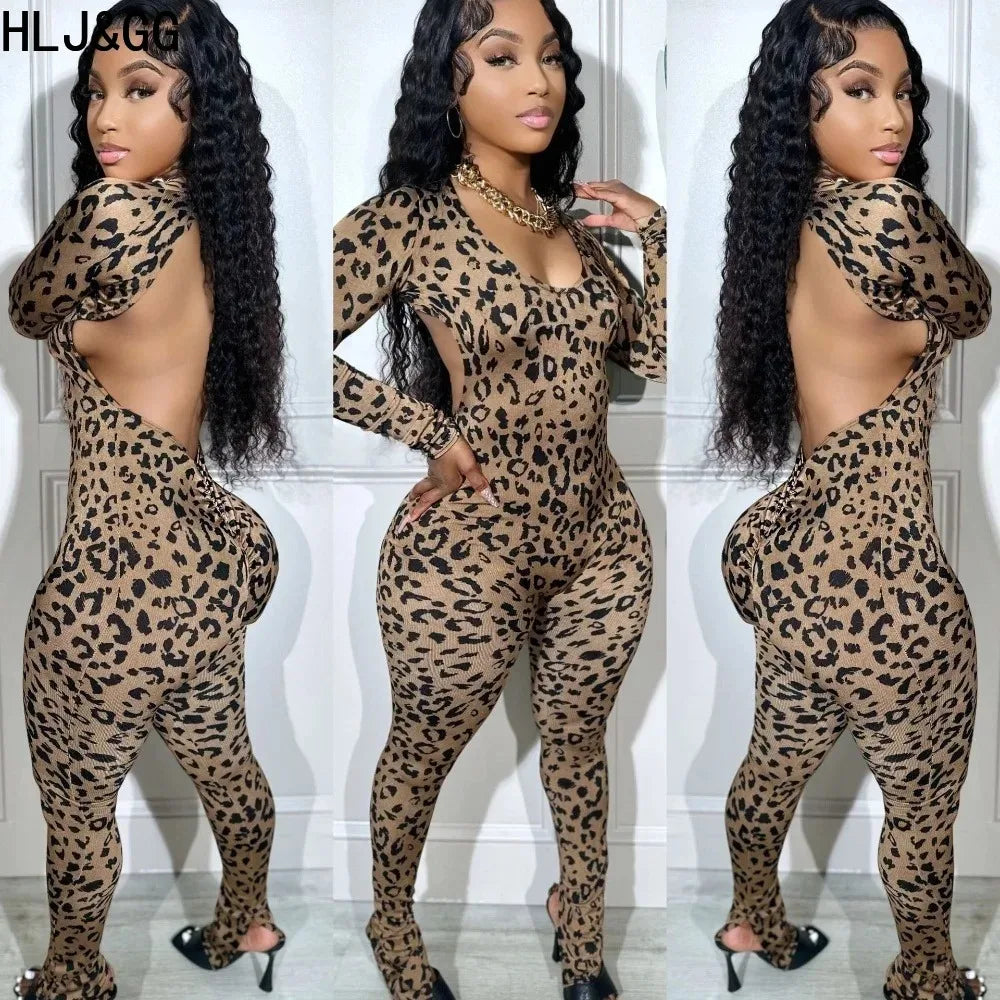 HLJ&GG Sexy Backless Lace Up Leopard Bodycon Jumpsuits Women O Neck Long Sleeve Skinny Pants One Piece Playsuits Fashion Overall