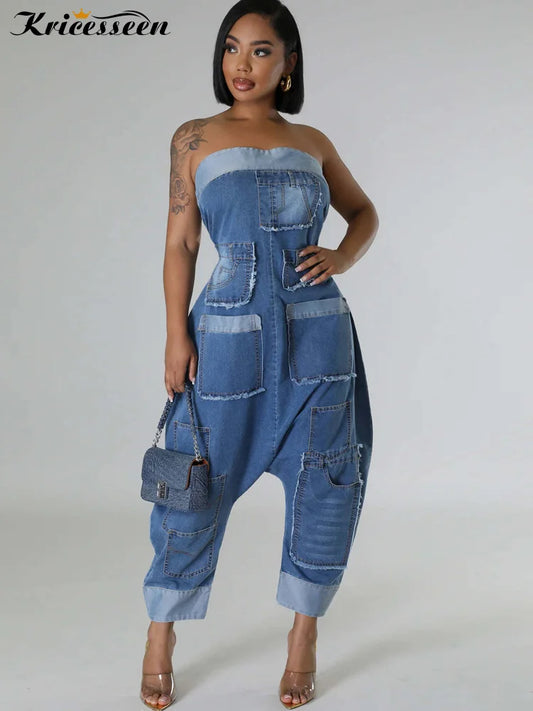 Kricesseen Runway Denim Patchwork Bandeau Jumpsuits One Piece Outfits Women's Bomb Jeans Harem Jumper Night Clubwear Outfits