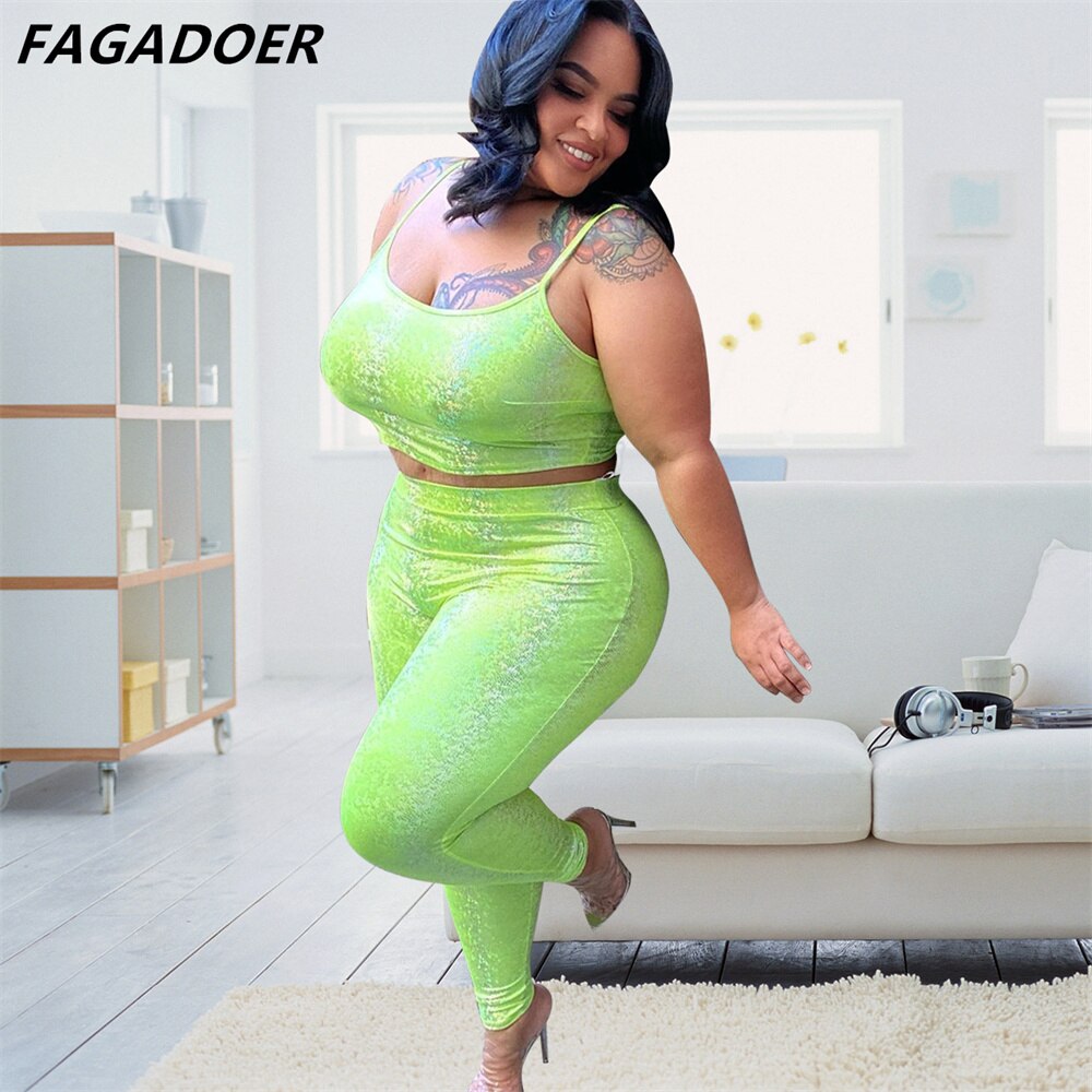 FAGADOER Green XL-5XL Plus Size Two Piece Sets Women Strap Sleeveless Crop Top And Skinny Pants Sexy Fashion Club Party Clothing