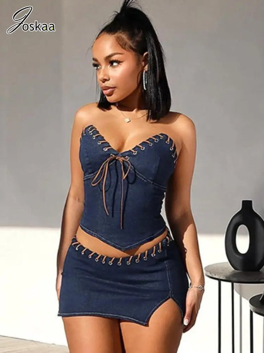 Joskaa Fashion Denim 2 Piece Set Women Hipster Sexy V-Neck Wrap Chest Tube Top and Mini Skirt Matching 2024 Summer Streetwear